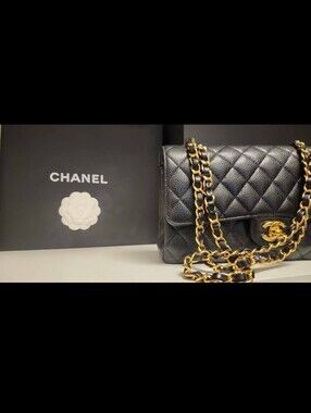 CHANEL Medium Flap Black Quilted Caviar Leather Shoulder Bag with Gold Hardware